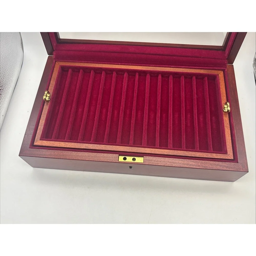 Eureka Fountain Pen Storage Box USA Wood w/ Burgundy Velvet Interior - 29 Slots